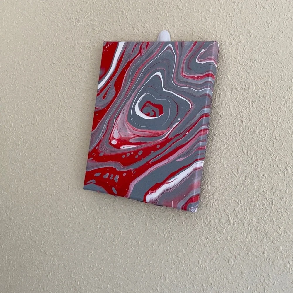 Handmade pour painting art NEW red grey white 8”x10”